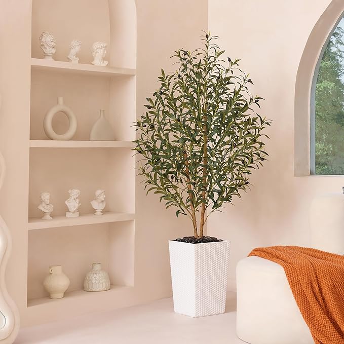 OAKRED Artificial Olive Tree 5FT Faux Olive Tree - Adjustable Branches UV Resistant with White Taper Planter and Pebbles - Faux Plants Indoor for Living Room, Office Decor and Bedroom