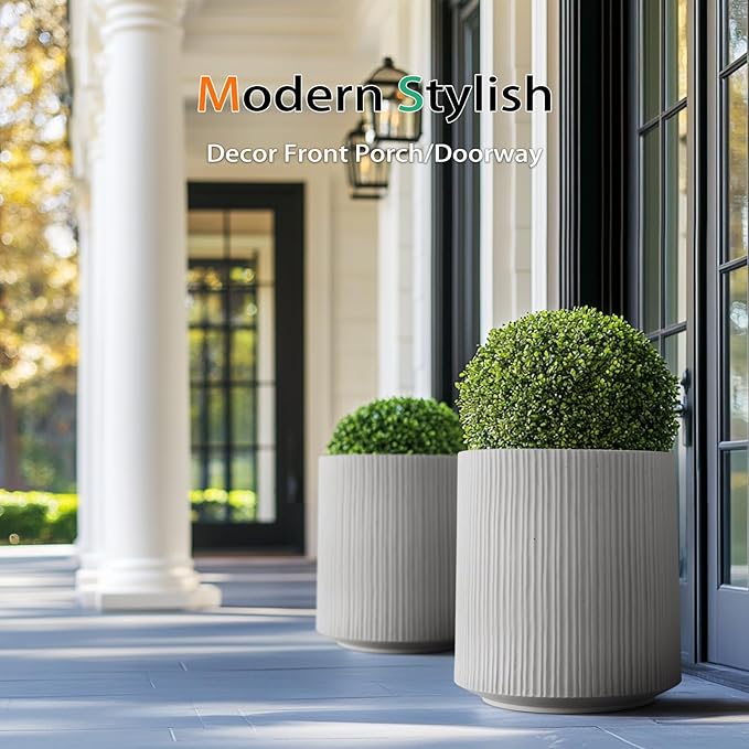 Heyzier Concrete Planter Outdoor Indoor, Large Cement Plant Pots with Saucer for Trees Flowers (Vertical Gray, 17 inch)