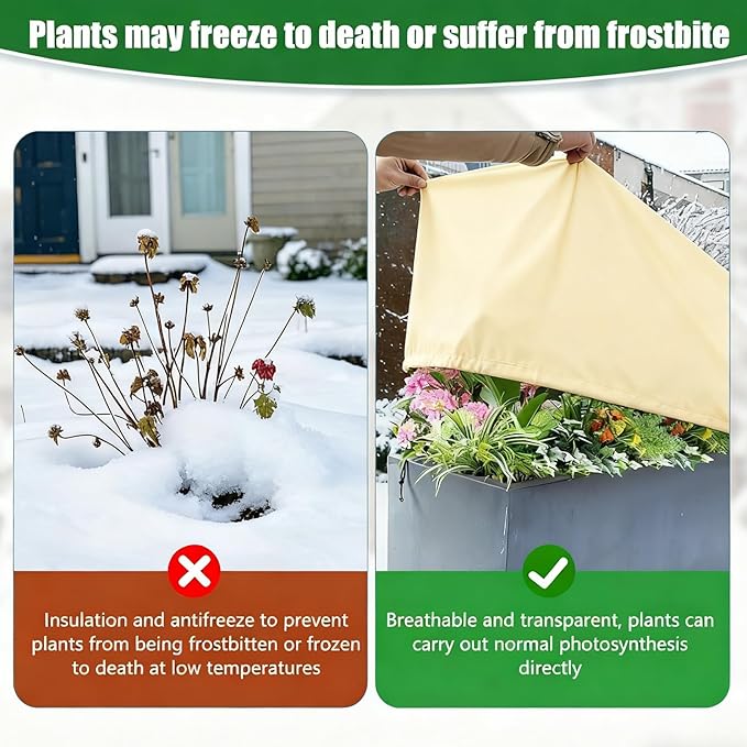 BATULU Plant Frost Cover, Rectangular Planter Plant Winter Frost Blanket with Drawstring, Garden Netting for Garden Protection, Raised Beds in Winter Damaged Bark 2 Pcs(59 * 15.7 * 17.7 INCH)