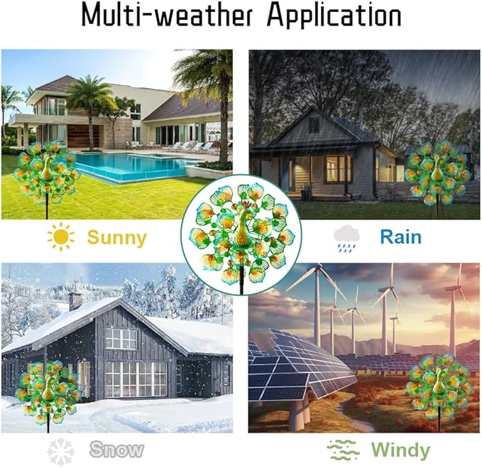 VEWOSTAR Peacock Wind Spinners Outdoor,13” Metal Wind Spinner Garden Pinwheels,360°Peacock Wind Sculptures & Spinners,Kinetic Wind Spinners for Yard and Garden(13.8”W X 64.2”H)