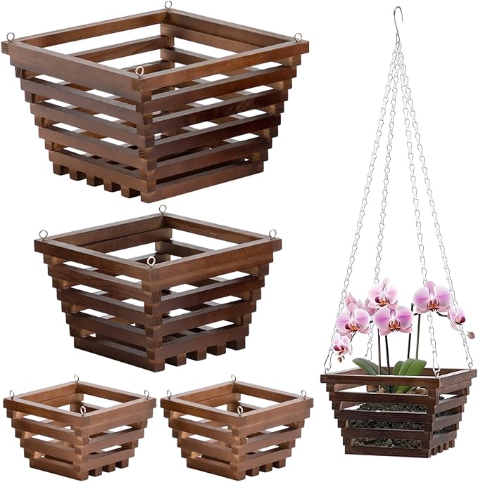5 Pcs Wooden Orchid Hanging Basket with Hangers Pine Rustic Vanda Baskets Square Handmade Orchid Pots for Indoors Outdoors Garden Staghorn Ferns Mount Plants Flowers (6inch,8inch,10inch)