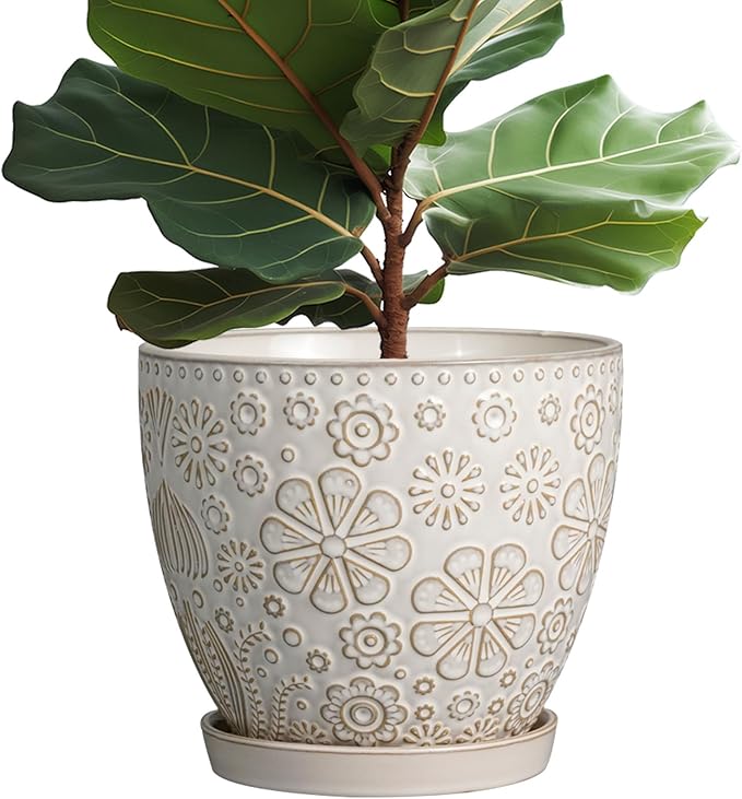 MPotTo 10 Inch Ceramic Planter Pot Large Plant Pot for Indoor Plants Outdoor Round Flower Pot with Drainage Hole and Saucer for Home Garden Decor White