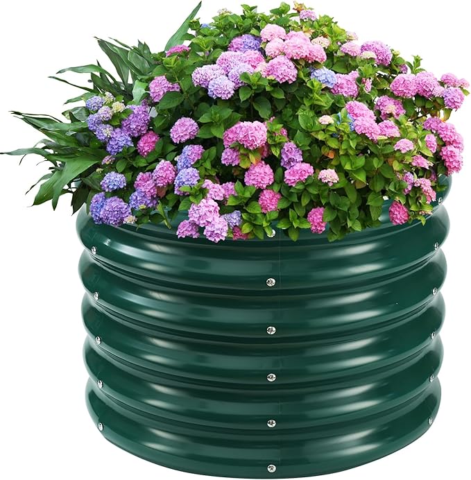 17" Tall Round Outdoor Garden Raised Garden Bed Kits-0.8MM Thick Metal Raised Planter Bed/Ground Planter Box for Variety of Flowers,Herbs,Vegetables,Trees (Dark Green, 24 Dia X 16.5 inches)