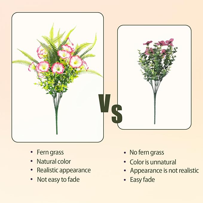 HIAGROW Artificial Flowers Outdoors 12 Bundles Pink Artificial Petunias Fake Flowers UV Resistant Shrubs Plants with Fern for Indoor Outside Hanging Planters Home Garden Summer Decorations