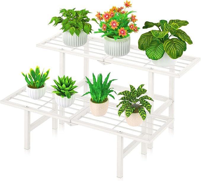 jsyonii 2 Tier Metal Plant Stand Outdoor Indoor Waterproof, Heavy Duty Outdoor Plant Shelf, Foldable Ladder Plant Stands Display Rack for Garden Window, 8.3/15.4'' Tall (White)