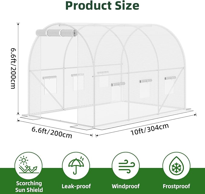 Superlele Heavy Duty Walk-in Greenhouse for Outdoor, 10x6.6x6.6FT Tunnel Greenhouse, Large Garden Green House with Reinforced PE Mesh Cover, 6 Windows with Screen, Stakes and Ropes, White