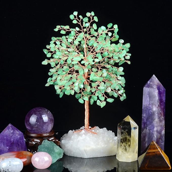 MASGEMES Crystal Tree of Life,Natural Green Aventurine (406 Gemstone Count) Clear Quartz Cluster Base,Chakra Positive Energy FengshuiGood Luck Home Decor,Gift Size 8.5-9 Inches