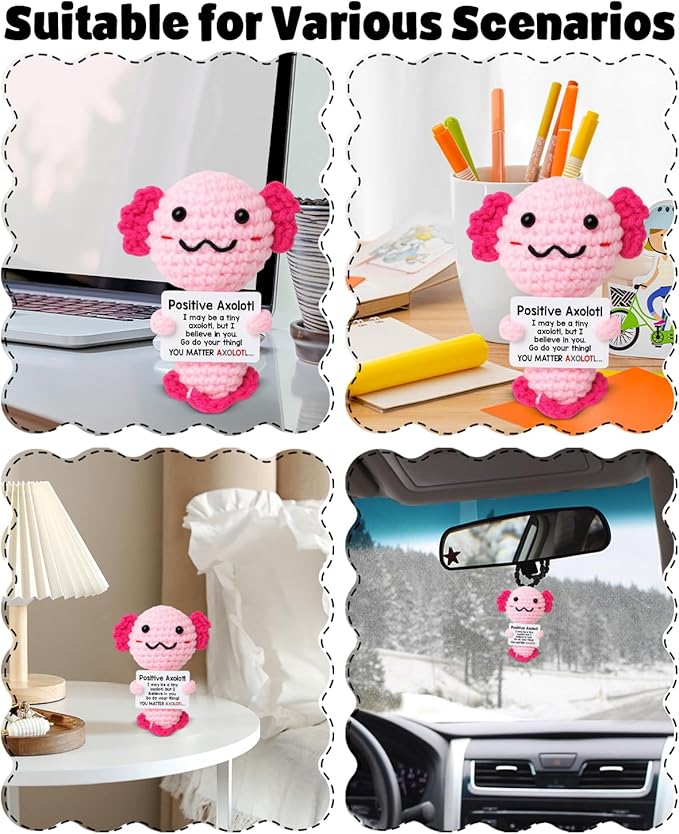 WEZADUK Positive Crochet Axolotl Gifts for Her Women, Mini Handmade Emotional Support Axolotl Plush with Encouraging Card, Motivational Christmas Birthday Gifts