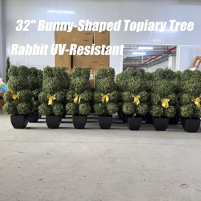 Bunny-Shaped Topiary Ball 32'' Artificial Tree Rabbit Bowknot Pot UV-Resistant Faux Boxwood Topiaries Plant for Porch Decor Outdoor/Indoor 2 Pack