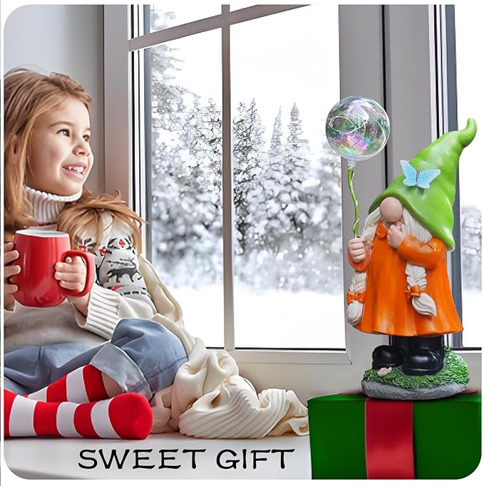Solar Garden Female Gnome Statue, Detachable Outdoor Garden Decorative Stakes, Resin Statue with Light-Up Butterfly & Bubble Wand, Upgraded 8-10H Lighting, for Yard, Lawn, Flower Bed & Pathway, 10.63"