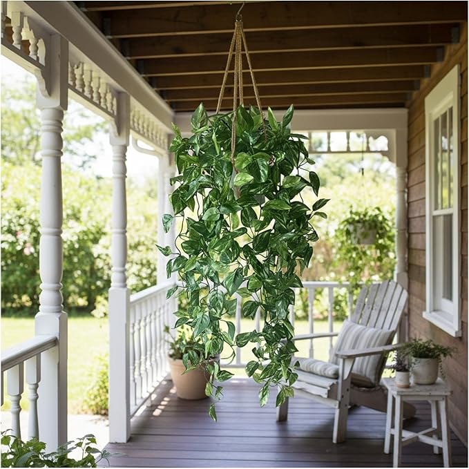 35.5" Artificial Pothos Ivy Plants Set of 2 with Pots, Fake Hanging Greenery Silk Leaves for Home Decor, Realistic Faux Plants for Shelf Tabletop Office, No Maintenance Needed (Light & Dark Green)