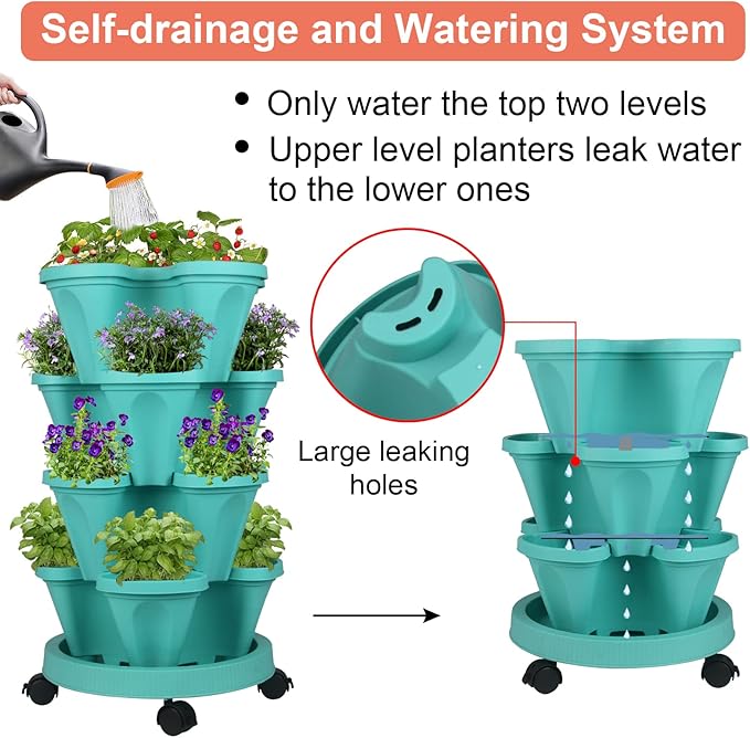 GameXcel Vertical Planter 4 Tier Stackable Planters Garden Planters Strawberry Herb Flower and Vegetable Planter Indoor Outdoor Gardening Pots with Removable Wheels and Tools