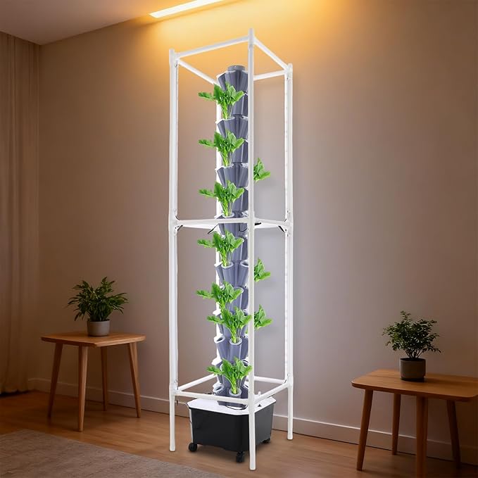 70-Pod Hydroponic Growing System with 8 Full-Spectrum LED Grow Lights, 14-Tier Vertical Indoor Garden Tower Mobile Self-Watering Planter for Herbs, Vegetables (Grey)