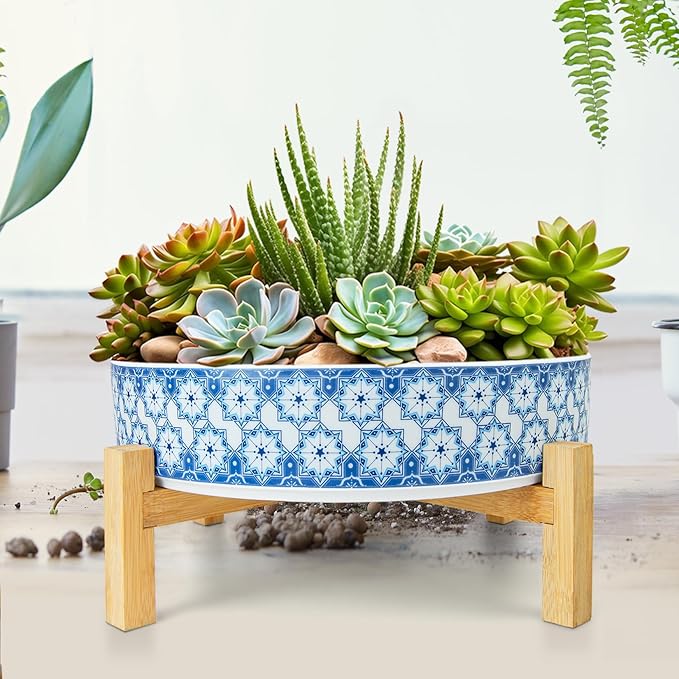 ARTKETTY Succulent Pots - 11 Inch Large Plant Pots Ceramic Bonsai Pots with Drainage Stand, Shallow Succulent Planters for Indoor Plants Decorative Flower Cactus Planter Bowl