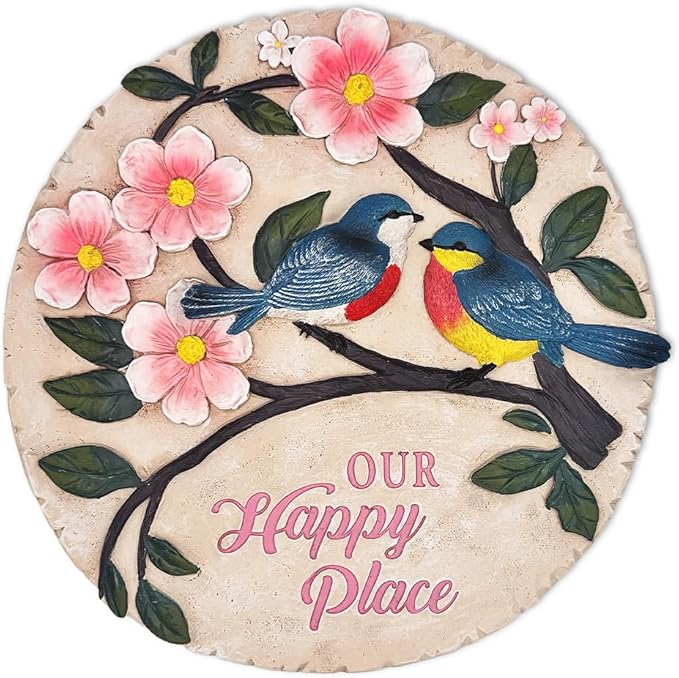 OrnamentallyYou Elegant Resin Stepping Stone, Outdoor Garden Pathway Decoration (Blossoming Songbirds Positivity Stepping Stone, 9.5" Happiness Garden Decoration and Support Gift)