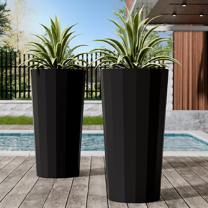 Diyfire 2PCS Tall Planters for Outdoor Plants, 23.6 Inches Large Outdoor Conical Flower Pots for Porch with Drainage Holes and Drainage Baffle, Tapered Large Planters for Garden, Balcony Use, Black