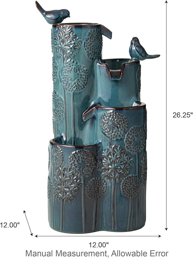 Glitzhome 27" H Outdoor Water Fountain with LED Light, Pump & Adapter, 4-Tier Turquoise Dandelion Vase Ceramic Cascading Garden Fountains Waterfalls with Birds, for Porch Deck Patio Backyard