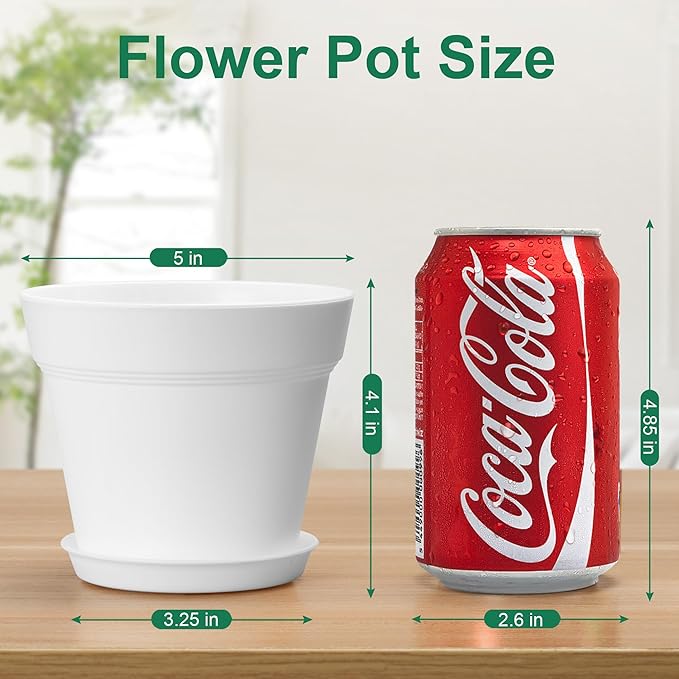 FHWTY 10 Pack Plastic Plant Pots with Drainage Holes and Tray, 5 inch Thickened Indoor Planters Seedlings Nursery Pots for Flowers, African Violet, Succulent and All House Plants, White