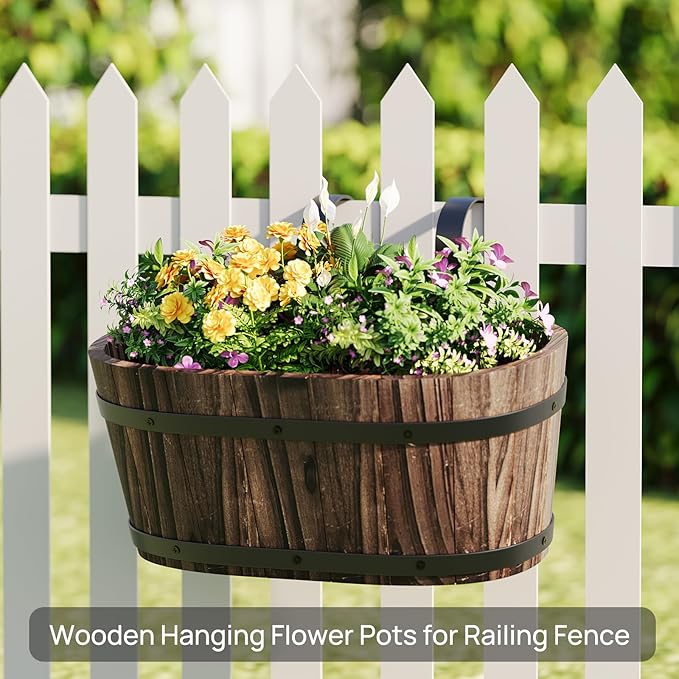 Wooden Hanging Planter for Railing Fence Outdoor Planter Railing Planter Boxes for Plants Wall Planters Window Flower Box Hanging Bucket Pots Countryside Plant Holder (Carbonized,2pcs,Large)
