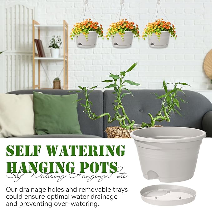 Roshtia 20 Pcs 10 Inch Hanging Baskets for Plants Large Plastic Hanging Basket Pots with Drainage Trays Self Watering Planter Pots for Outdoor Indoor Plants Flowers Garden Balcony (Grey White)