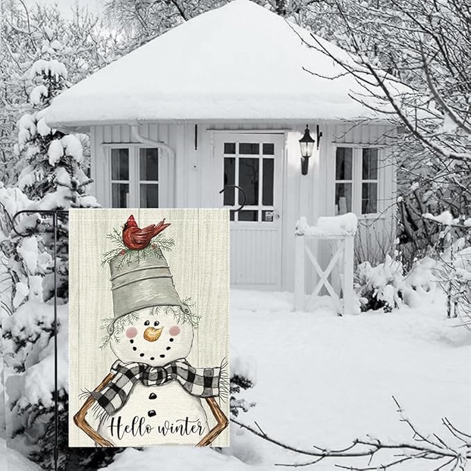 Snowman Cardinal Hello Winter Garden Flag 12x18 Inch Double Sided, Winter Holiday Yard Outdoor Flag