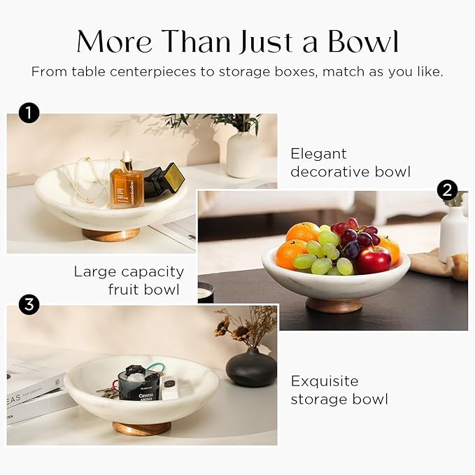 SAMAH White Marble Fruit Bowl with Acacia Wood Pedestal, Large Decorative Footed Bowl, Natural Stone Centerpiece for Kitchen Counter, Entryway, Keys, Dining Table, House Warming Gifts New Home(11Inch)