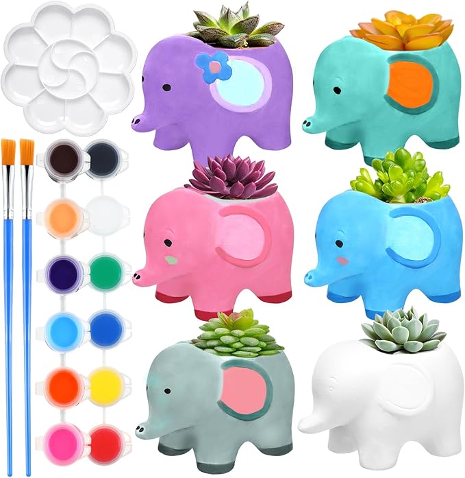 Pasimy 6 Set Ceramics to Paint DIY Ceramic Succulent Planter Pots Paint Your Own Flower Pots Craft Kit Unpainted Bisque Flowerpot with Brush Palette for Family Activity Holiday Gifts(Elephant)
