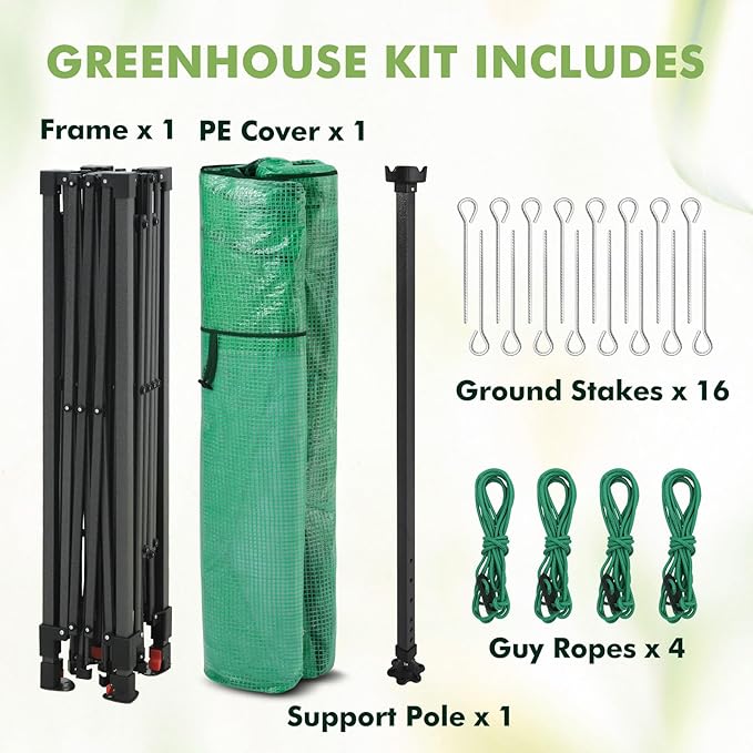 EAGLE PEAK 10x10 Portable Pop Up Greenhouse, Patented Center Lock Easy One Person Setup, Walk-in Outdoor Greenhouse with Gable Roof, Weight Bags, Zippered Doors & Windows - Winter Support Pole, Green