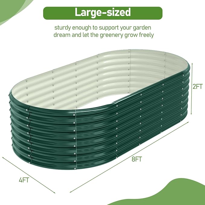 VINGLI 8x4x2ft Galvanized Raised Garden Beds, Oval Planter Boxes Outdoor, Raised Garden Bed for Gardening, Easy Assembly Planter Boxes for Vegetables (Green)