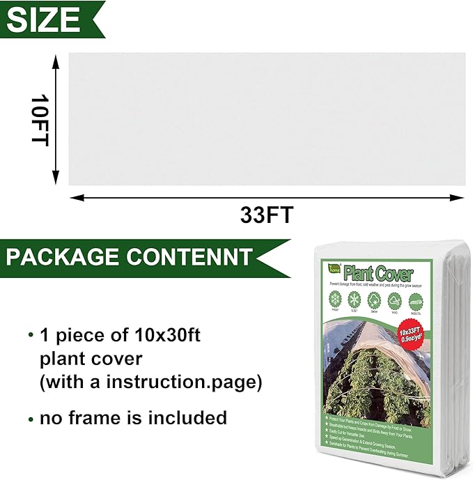 eisoco Plant Covers Freeze Protection, 10x33FT 0.9oz/yd² Winter Floating Row Covers, Frost Cloth Blanket Shade Cloth Garden Fabric Plant Cover for Raised Beds Vegetables Insect Winter Frost