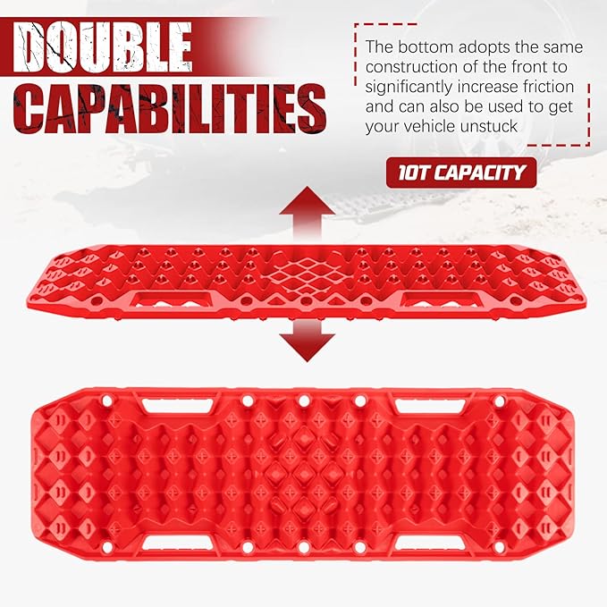 BUNKER INDUST Off-Road Traction Boards with Jack Base,Pair Recovery Track 4X4 Jeep Truck Emergency Tire Traction Mat with Bag -Sand, Mud, Snow Tracks Red Traction Pad (Gen 7th)