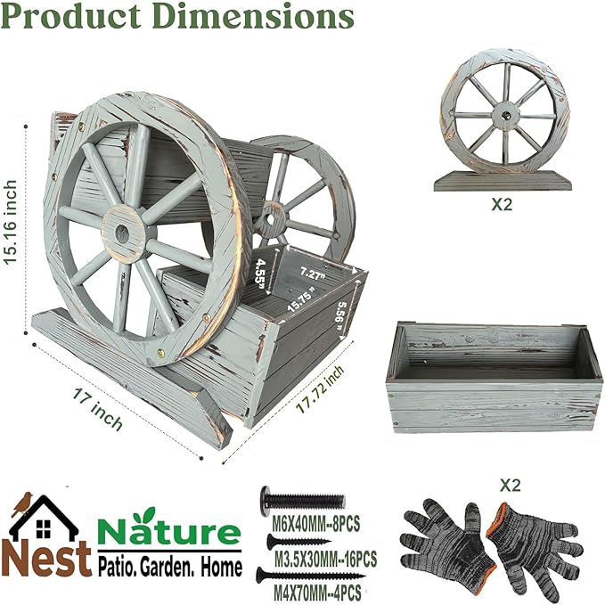 NestNature Wooden Wagon Planter Box,Raised Garden Bed,Decorative Garden Planters with Wheels-Outside Flower Pots for Indoor/Outdoor Décor Plants (Antique Gray)