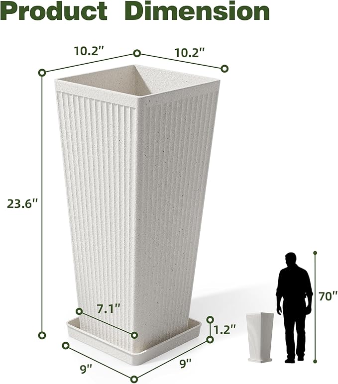 Trygoal Square Tall Planters for Outdoor Plants Set of 2-23.6" Heavy-Duty Classic Tapered Indoor Flower Pots with Drainage Holes/Partition/Tray, Large Outdoor Planters for Porch Patio Garden, White