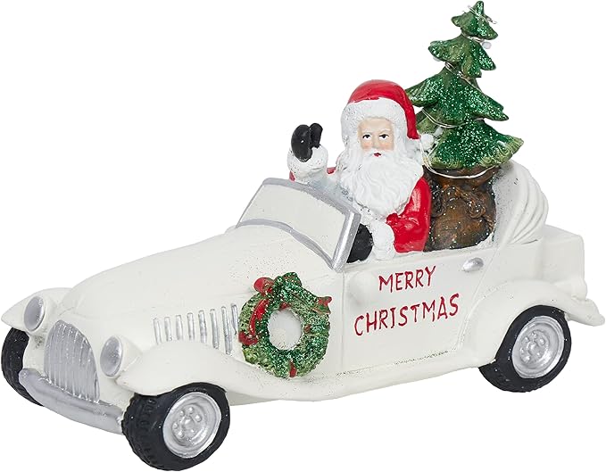 Alpine Corporation 7" Tall Merry Christmas Santa in Vintage White Car Statue with LED Lights, Holiday Decoration for Tabletop, Shelf, Mantel, or Entryway Display