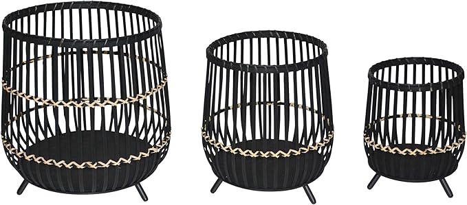 Set of 3 Woven Basket Decorative Planter Pot with Short Legs – Bamboo & Rattan Outdoor & Indoor Plant Pot – Modern Garden & Home Decor Planters – 13", 17", & 19", Black