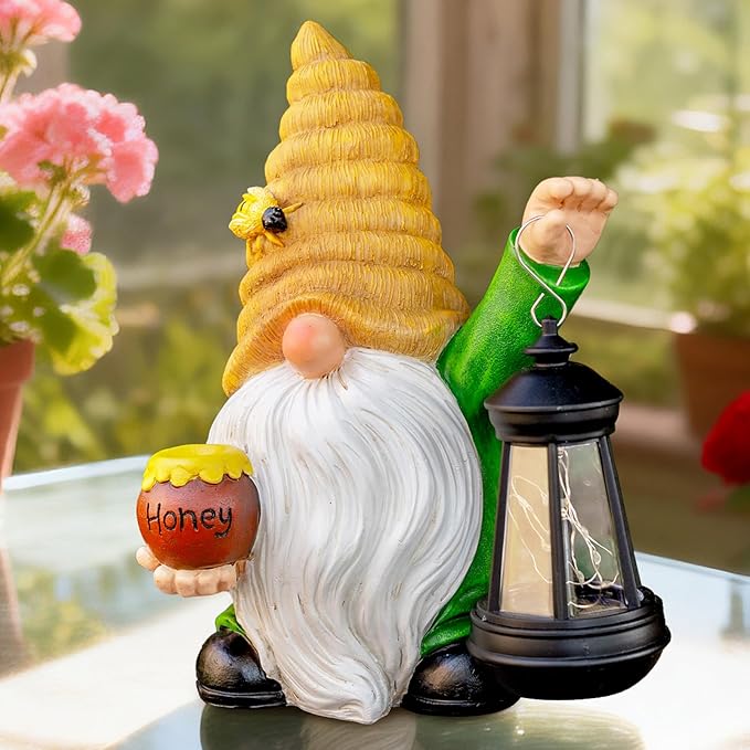 12.3''Solar Garden Gnomes Outdoor Decor Honey Bee jar Gnome Statues with LED Lantern Xmas Patio Lawn Yard Art Decoration Birthday Christmas Gardening Gifts for Mom Dad, Bee Gnome