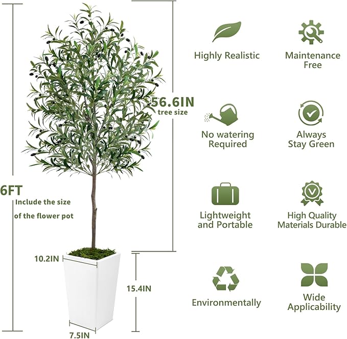 Olive Trees Artificial Indoor 6ft, 2 PCS Tall Faux Silk Plant with Pot, Realistic Leaves and Natural Wood Trunk Fake Trees with Lifelike Fruits for Home Office Decor Bedroom Livingroom Entryway
