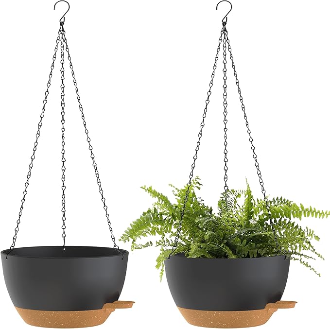 SQKH 12 Inch Hanging Baskets 2 PC with Chains, Self-Watering Hanging Planters for Indoor Outdoor Plants, Plastic Hanging Flower Pots,Black Brown