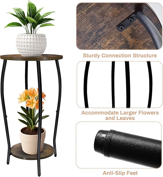 Uniqcovosa Plant Stand Indoor, 2 Tier Tall Wood Plant Stand, 4-Leg Floor Corner Plant Stands, Heavy Duty Plant Shelf Plant Rack Flower Stands For Home Decor, Brown