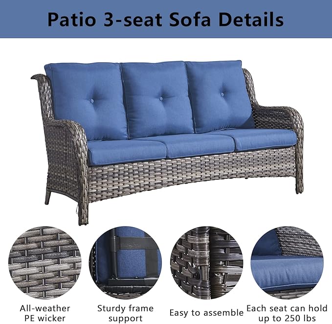 Belord Outdoor Furniture Wicker Conversation Sets - 7 Piece Patio Rattan Furniture Sets with Swivel Rocker Chairs Outdoor Sofa for Porch Deck Backyard Mixed Grey/Blue