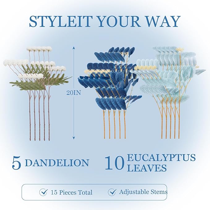 Fake Flowers for Vase, 15 pcs Faux Silk Pompom Mum Artificial Flowers with Eucalyptus Stems, Mini Floral Long Stem Arrangements for Home Decor, Wedding, Table Centerpieces DIY Floral Designs