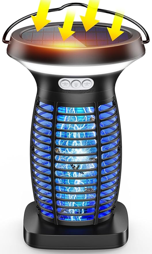 Solar Bug Zapper Outdoor, 3-in-1 Mosquito Zapper Outdoor Solar Powered, Cordless Electric Bug Zapper Indoor with Night Light, Waterproof Fly Zapper for Patio Backyard Home Kitchen Camping
