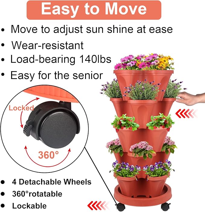 DUNCHATY 5 Tier Plant Pot, Vertical Garden Planter, Strawberry Planter, Indoor/Outdoor Planters, 2 Set, Brick Red, 29 x 13.6 x 13.6 inches
