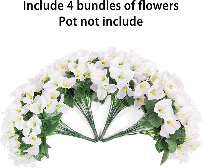 Artificial Bougainvillea Flowers for Outdoors Fake Plants, 4 Bundles White Fake Spring Flowers Silk UV Resistant Look Real Faux Flowers for Outdoor Planters Porch Patio Window Garden Outside Decor