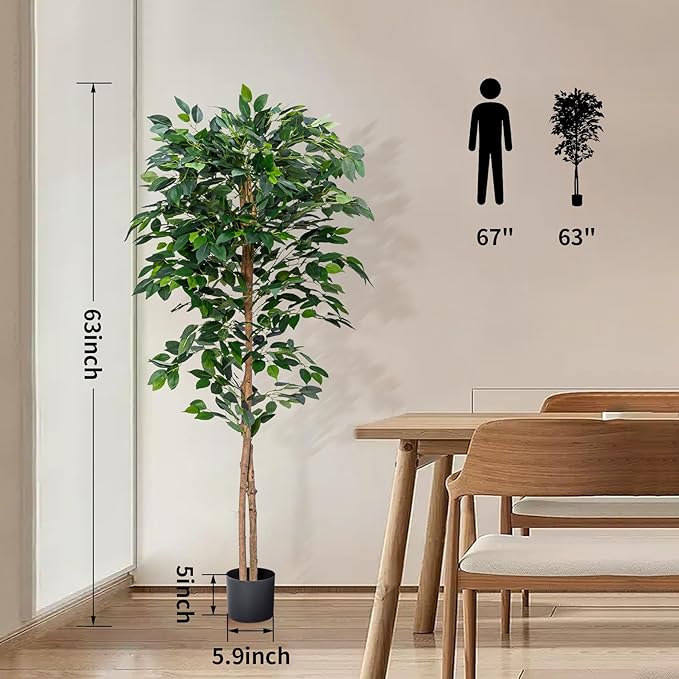 HAIHONG 1Pack 5FT Artificial Ficus Tree with Realistic Leaves and Natural Trunk, Faux Ficus Tree with Sturdy Plastic Nursery Pot, Fake Ficus Tree for Office Home Farmhouse for Indoor Outdoor Decor