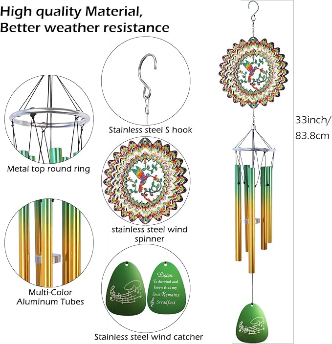 Aoedelyart Wind Chimes for Outside with Hummingbird Wind Spinner,33" Memorial Wind Chimes Outdoor Decor for Zen Garden Patio Home,Best Gifts for Mom Women Father Grandma Neighbors,Christmas Ornaments