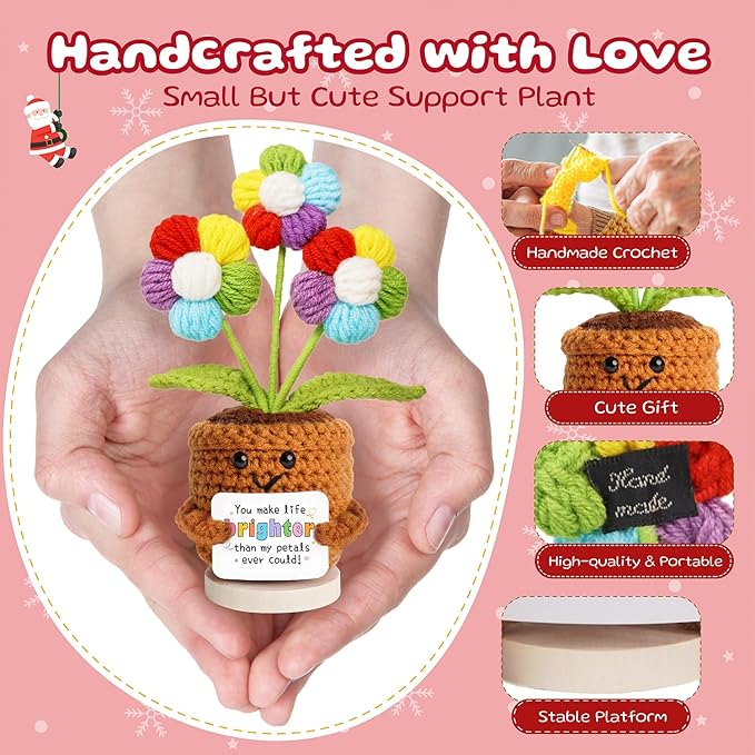 penzoos Emotional Vessels – Rainbow Crochet Flower “You Make Life Brighter”, Handmade Thinking of You Gift for Women, Get Well or Encouragement Present, with Hidden Card “for You with Love”