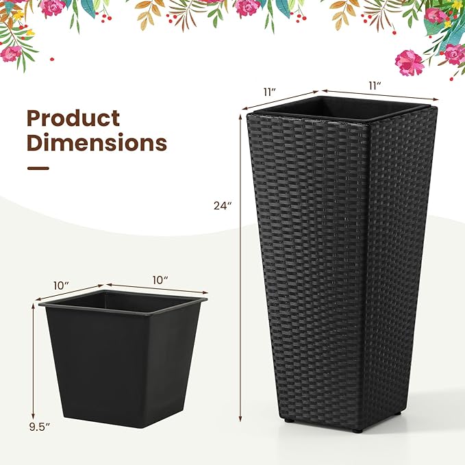 HAPPYGRILL 24" Tall Rattan Plant Pots Set of 2, Outdoor Taper Planter w/Detachable Inner Flower Pots, Metal Frame & Adjustable Foot Pads, Decorative Wicker Planter Boxes for Porch Patio Backyard