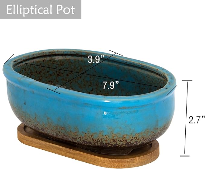 ARTKETTY Succulent Pots, 1 Rectangle Planter + 1 Ceramic Bonsai Pot with Drain Tray, 2 Pack Large Shallow Succulent Planters for Indoor Plants, Round Cactus Flower Plant Pot for Desk Windowsill Decor