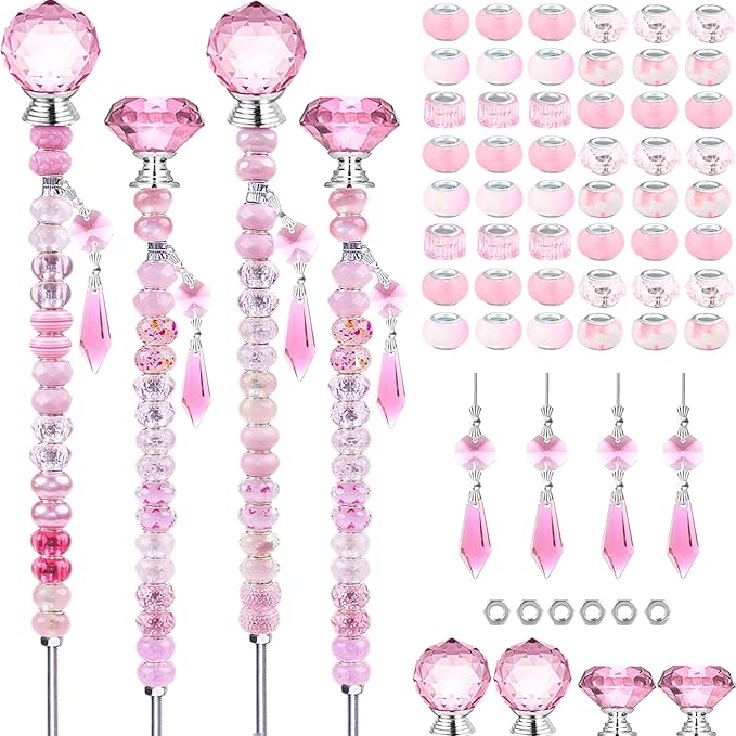 121 Pcs DIY Fairy Wand Beaded Garden Stakes Kit, Fairy Wands Garden Kit Pink Large Hole Bead with Sparkling Pendants Crystal Stopper Top Threaded Rod Beaded Garden Stakes Supplies Outdoor Decorative
